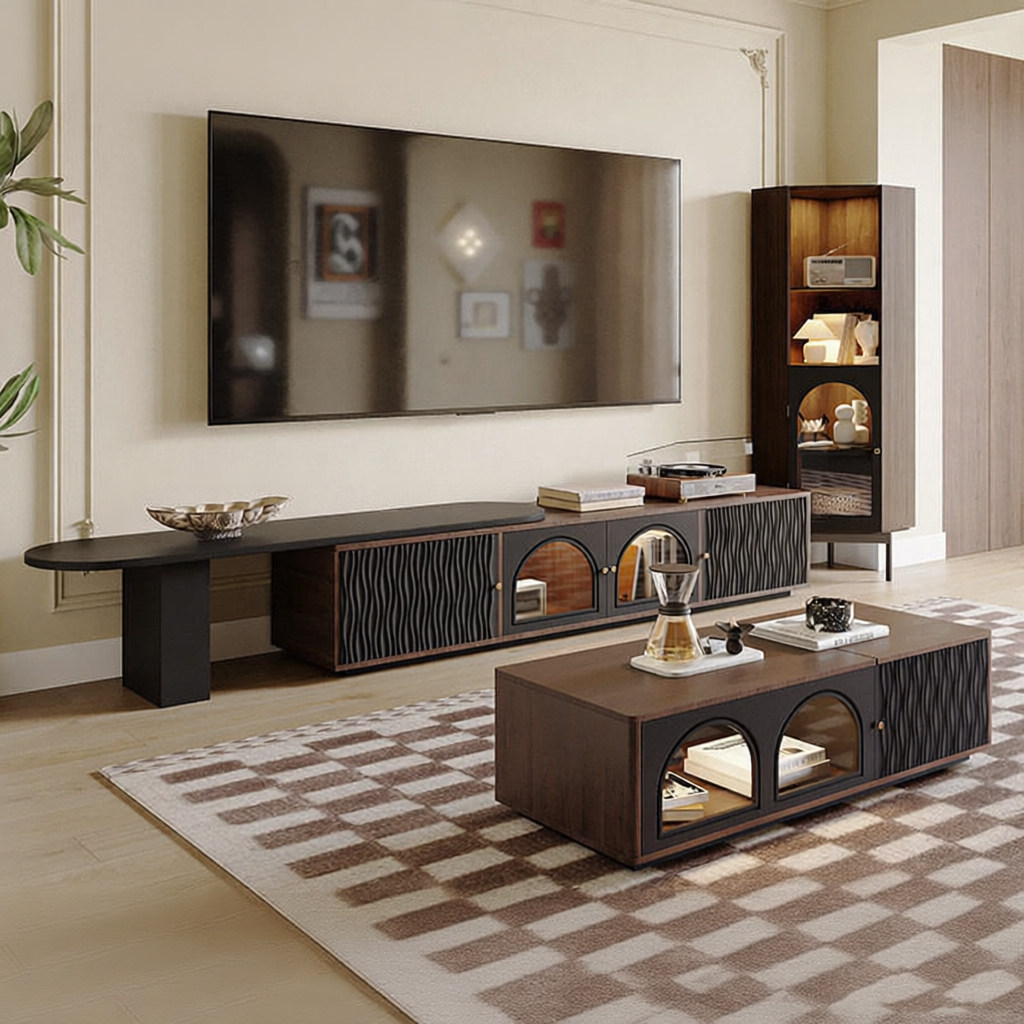 法式复古可伸缩电视柜茶几组合柜2025新款实木中古风电视机边柜