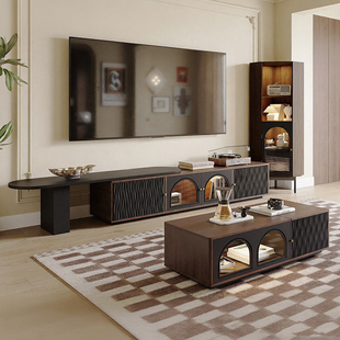 法式复古可伸缩电视柜茶几组合柜2025新款实木中古风电视机边柜