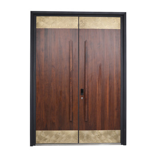 豪华对开别墅大门铸铝门转印木纹搭配描金色精雕滑盖拉手指纹锁