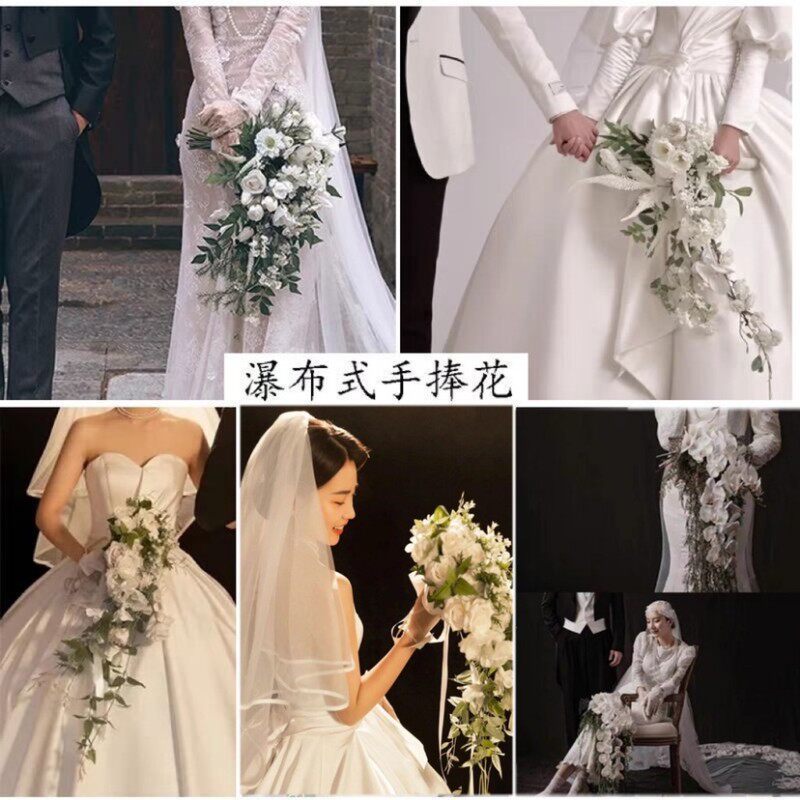 白绿韩式手捧花瀑布形新娘捧束仿真民礼复古婚国风拍照道具手花花