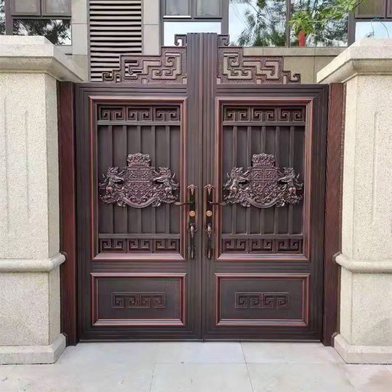 红古铜拉丝铝艺别墅大门对开门铝合金庭院门M家用乡村院子门电动