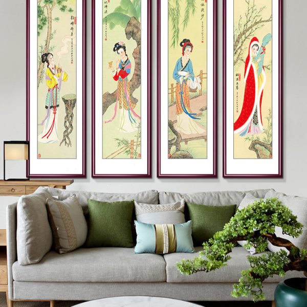 四大美女图挂画西施貂蝉人物画中式客厅装饰画美人画像四条屏壁画