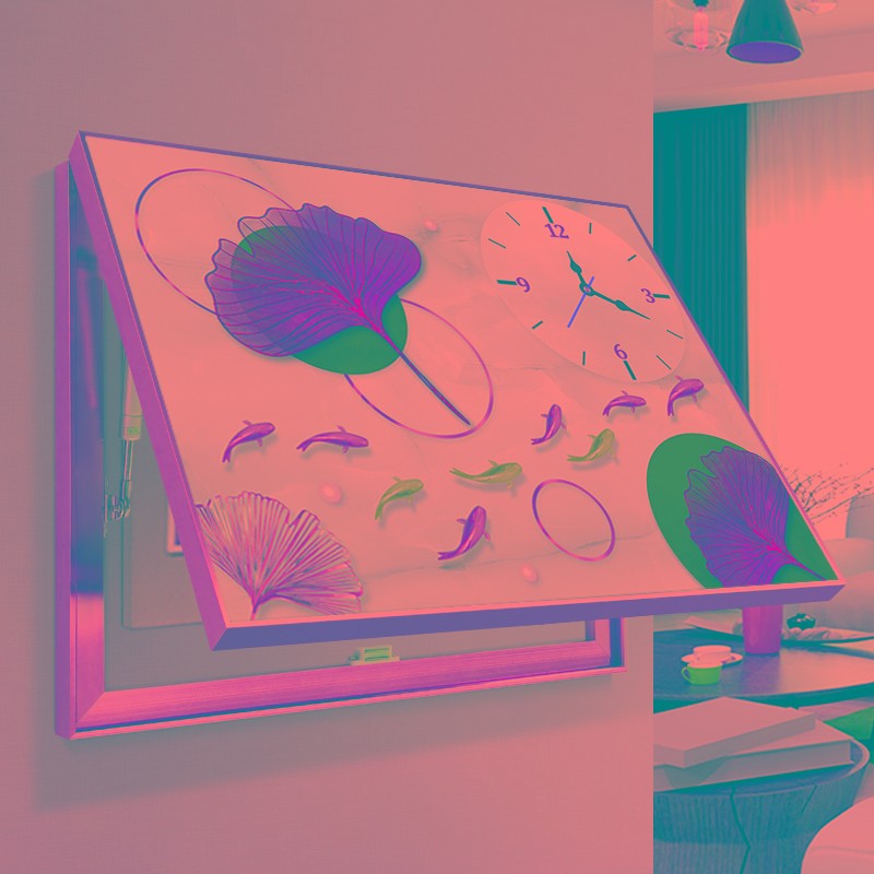 九鱼图带钟表电表盒装饰2021C新款简约免打孔配电箱挂画轻奢风