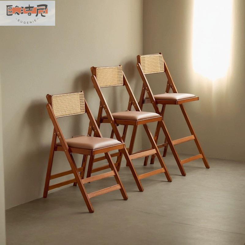 藤编椅子家用折叠椅实木凳子休闲靠背餐椅靠背椅北欧原木胡色民宿