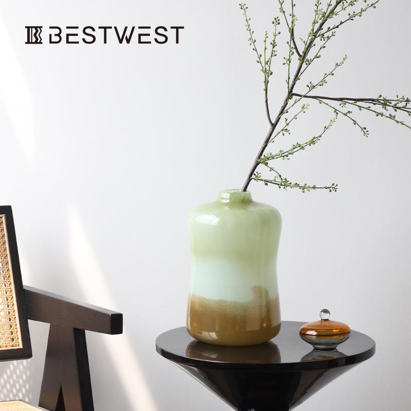 博西家居抹茶绿色渐变玻璃花瓶摆件高档家居样板间软装饰品花器