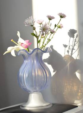 法式中古简约玻璃花瓶白菜器皿紫色拼白底座风灯手工水养花器摆件