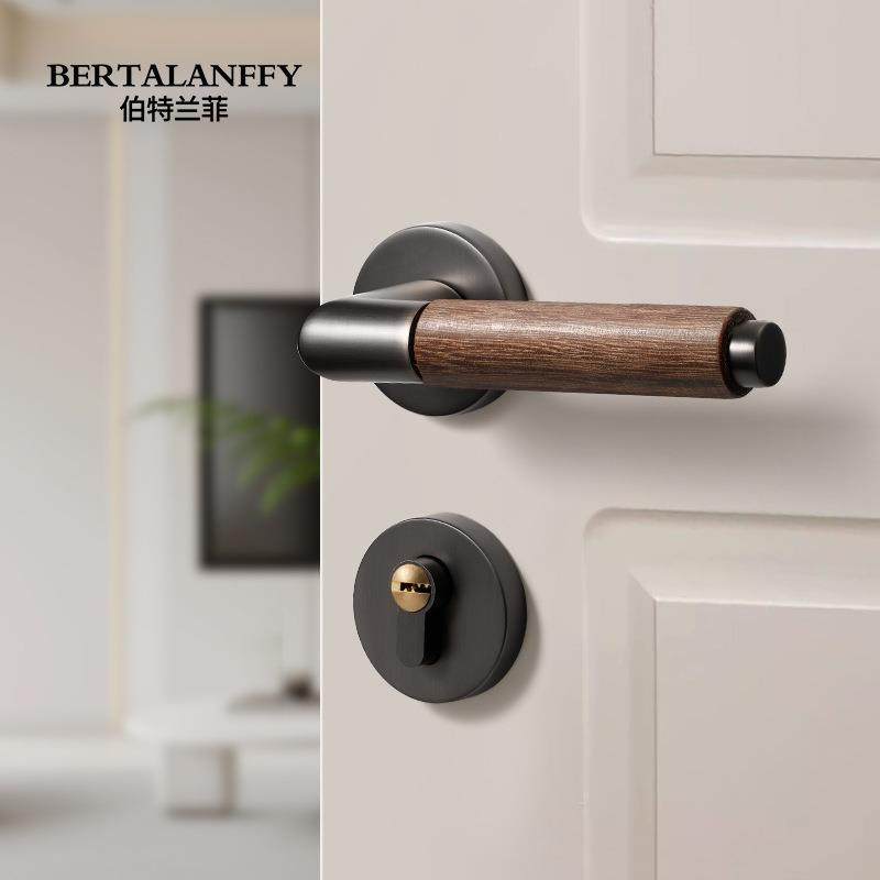 新中式卧室门锁室内房间复古木门门把手胡桃木磁吸静音实木房门锁