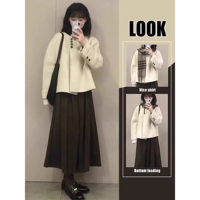 初秋冬装韩剧穿搭配一整套高级感杏色毛呢外套百褶裙子三件套装女