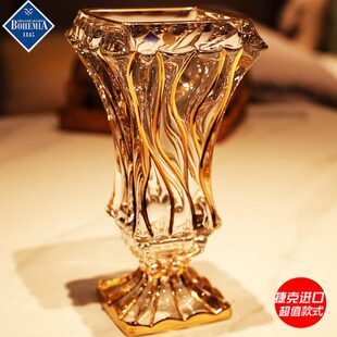 饰插花花瓶摆件 捷克进口BOHEMIA水晶玻璃奢华描金高脚花瓶客厅装