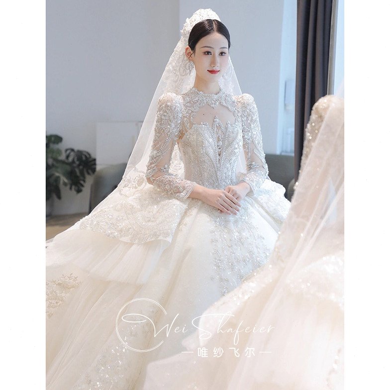 婚纱2023新款新娘长袖主纱高级质感小个子重工超级奢华大拖尾冬季