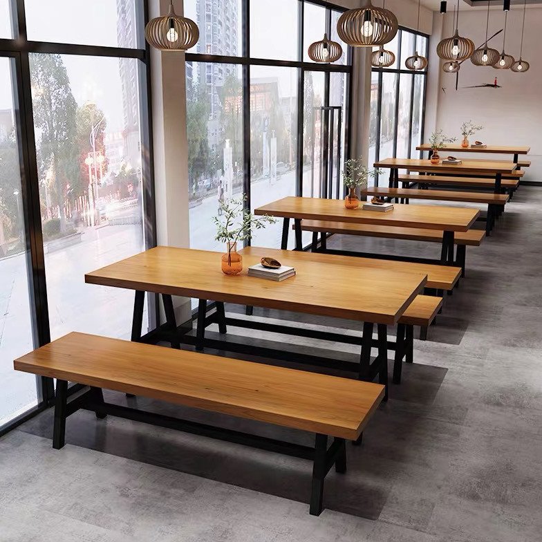 简约实木酒吧烧烤店音乐餐厅工业风餐桌长方形铁艺咖啡厅桌椅组合