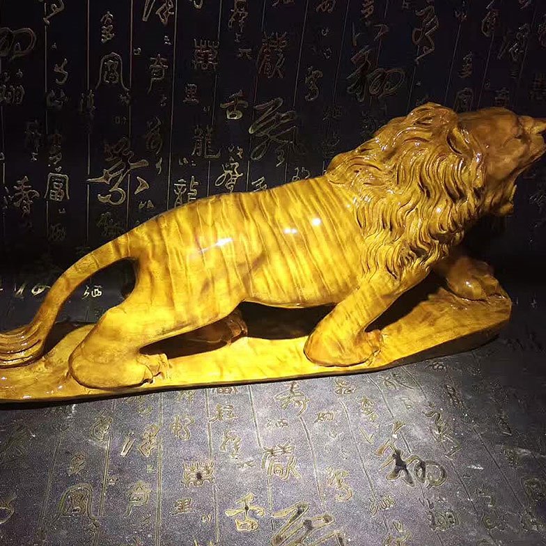 聚檀阁小叶桢楠金丝楠满水波纹雄狮手工打造 工艺收藏品摆件