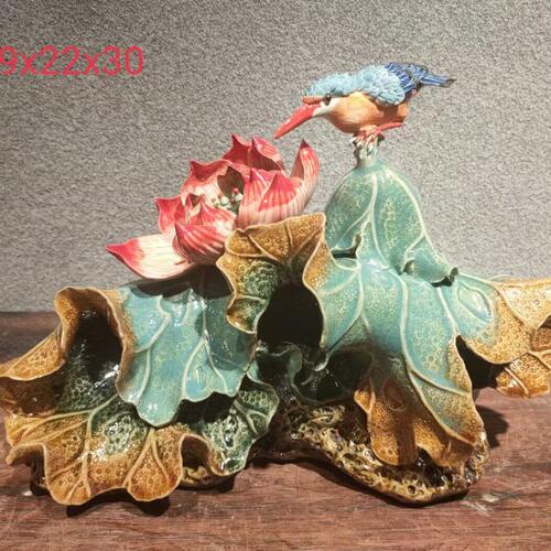 荷花翠鸟和和美美手工摆件石湾陶瓷公仔中式客厅玄关装饰品桌面