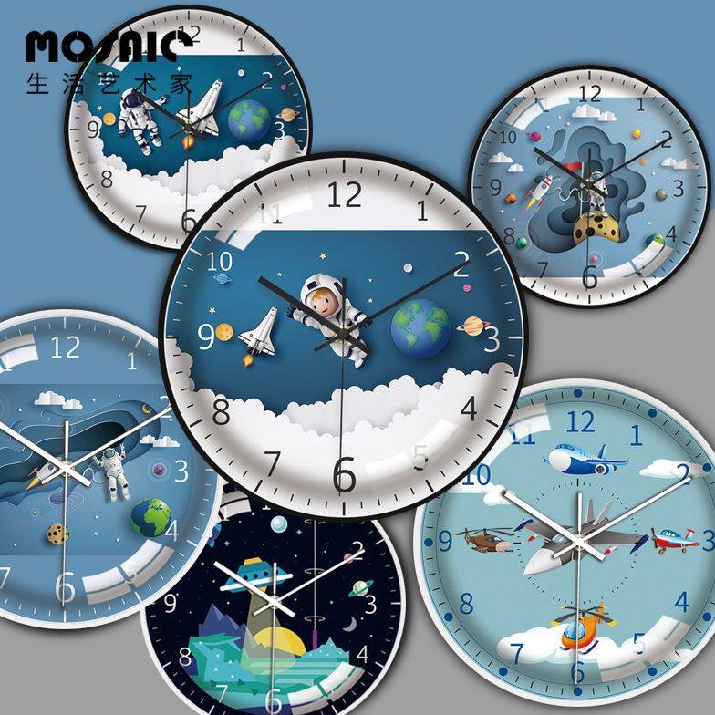 男孩房航空宇宙太空飞机挂钟卡通创意卧室儿童房超静音表可爱挂钟