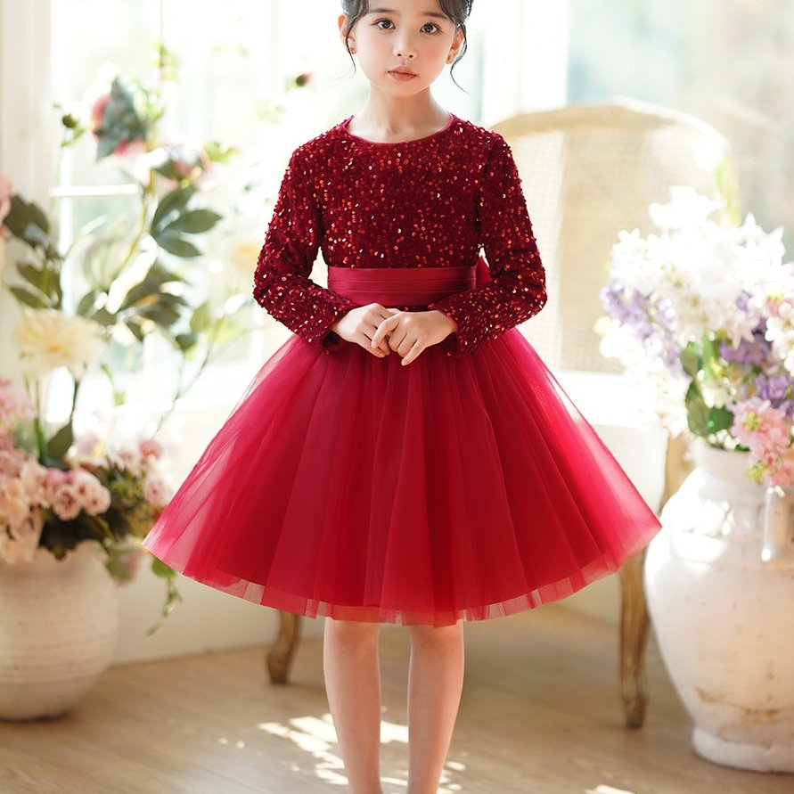 女儿童礼服圣诞红色生日公主裙元旦钢琴演出服高端晚会网纱蓬蓬裙