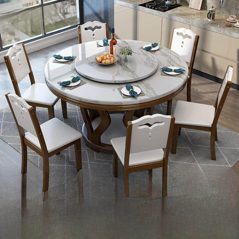 大理石餐桌和椅子组合圆桌现代简单的家庭小公寓与转盘电磁炉实木