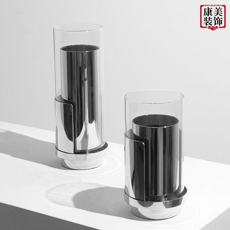 现代简约几何层叠玻璃不锈钢花器花瓶摆轻奢样板房售楼处玄关摆件