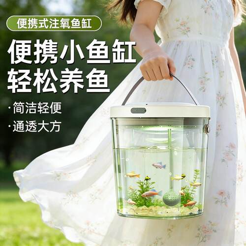 手提可携式注氧小鱼缸2026新款儿童迷你型生态造景孔雀鱼专用鱼缸