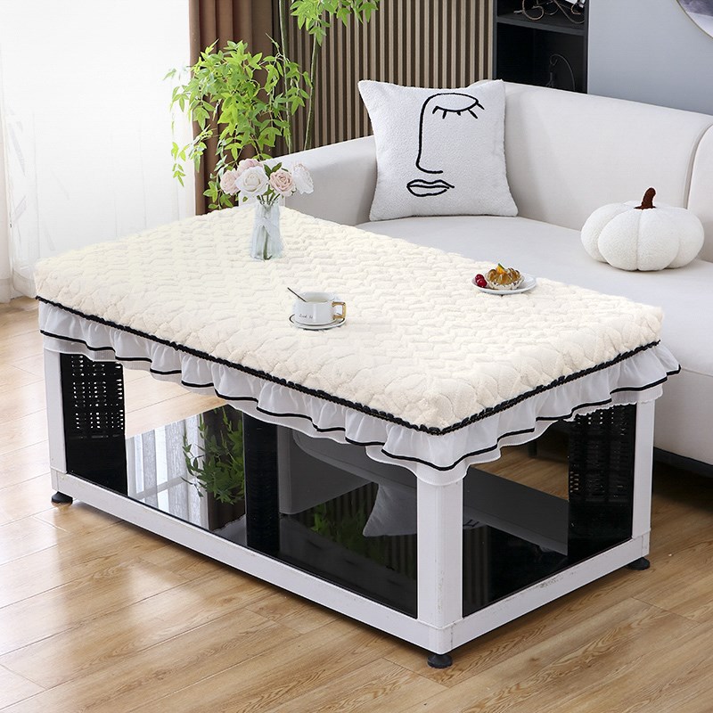 烤火桌罩冬季加厚塔芙绒裙摆式电取暖炉套奶油风长方形茶几取暖套
