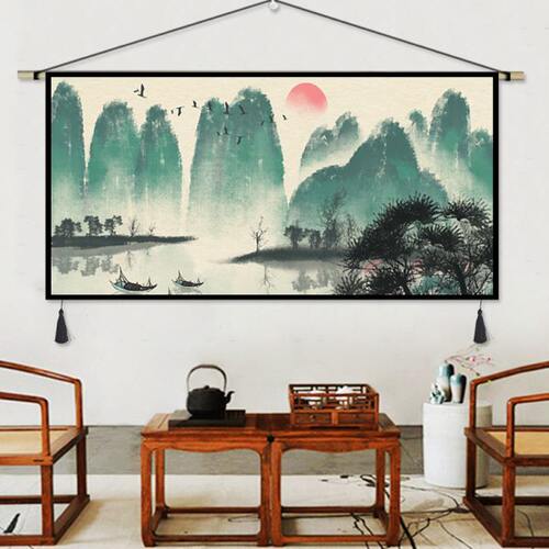 现代新中式山水挂毯客厅沙发背景装饰画床头壁毯壁画布艺挂画挂布