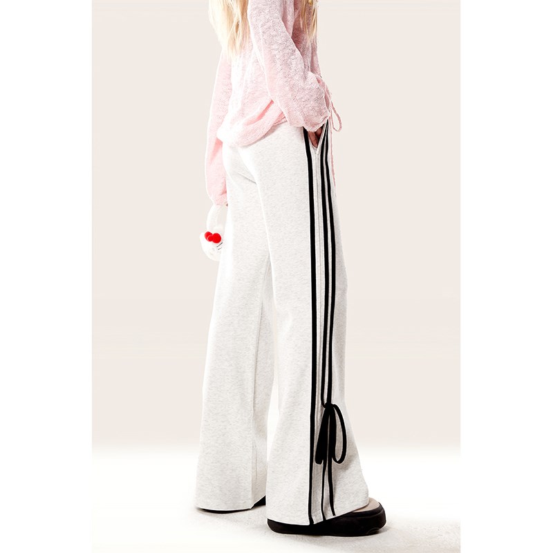 自然涩灰色条纹显瘦微喇裤女秋冬季休闲卫裤小个子加绒拖地长裤子