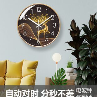 自动对时电波钟6082麋鹿线条中式 挂表时钟北欧挂钟客厅钟表挂墙钟