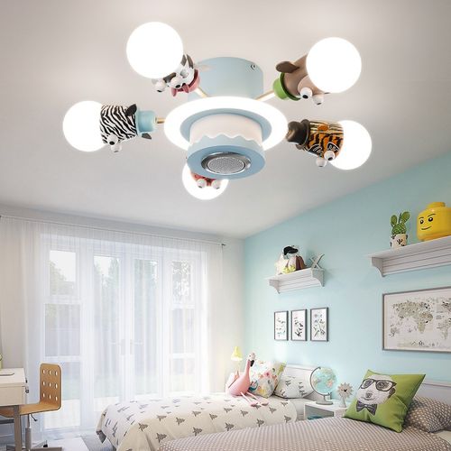 儿童卧室风扇灯男孩女孩创意动物蓝牙音响360度摇头遥控护眼光源