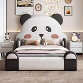 儿童床男孩带护栏卡通熊猫床储物实木软包靠背现代简约女孩公主床