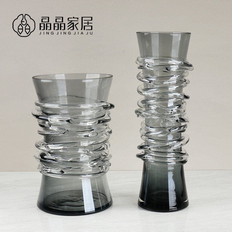 简约轻奢腰部缠丝直筒灰色玻璃插干花瓶北欧摆件客厅创意家居装饰