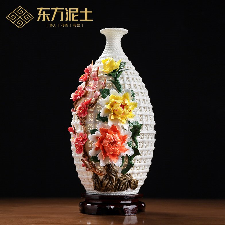 东方泥土非遗手工编织陶瓷花瓶摆件中式家居客厅玄关装饰乔迁礼品