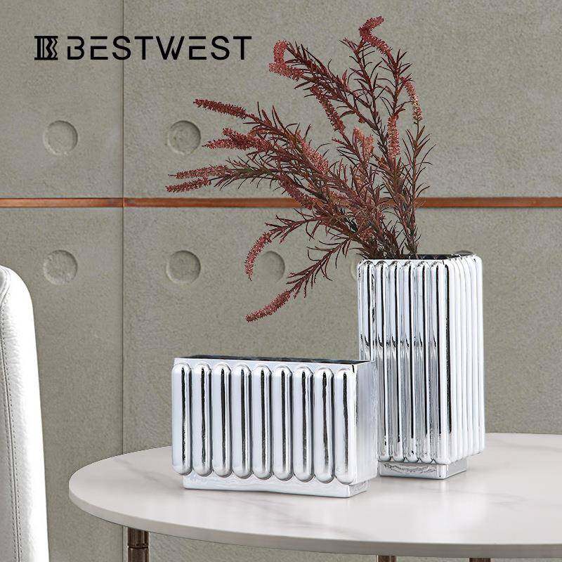 博西家居轻奢电镀竖楞直筒玻璃花瓶摆件家居竖纹插花器软装饰品,特色手工艺,其他特色工艺品,淘宝优惠券,粉丝福利购,淘宝优惠卷
