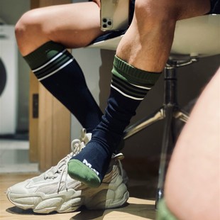 黑色搭配潮流打底长 运动耐穿吸汗 D.M男袜 锦纶条纹高筒足球袜x