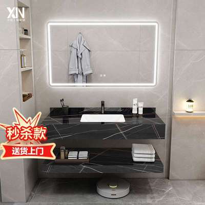 无缝陶瓷洗脸盆卫生间洗漱台一体洗手池岩板上下层浴室柜智能镜