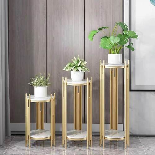 电商简约轻奢铁艺大理石双层花架家用客厅阳台落地装饰花盆架