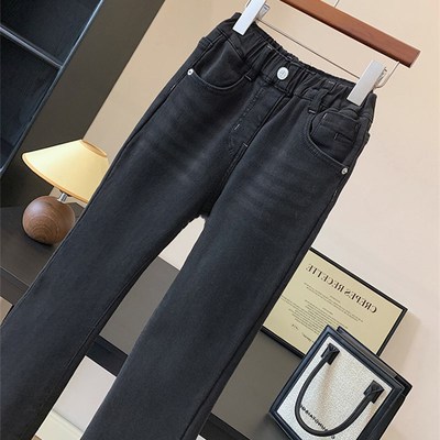 2024冬装新女中大童百搭高腰款黑色一体绒加绒牛仔喇叭裤外穿长裤