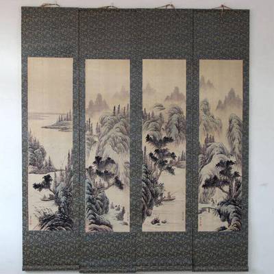 杂件中堂画四条屏字画国画山水画唐寅唐伯虎樵人晚归挂画已装裱