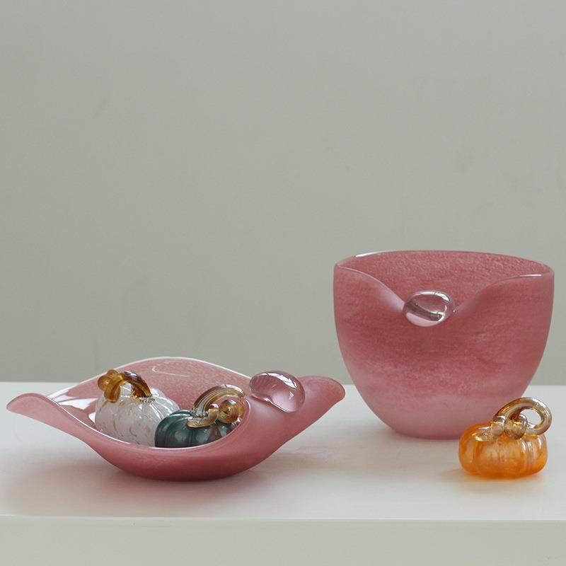 简约日式创意手工粉色创意磁粉玻璃果盘居家样板房台面茶几花盆