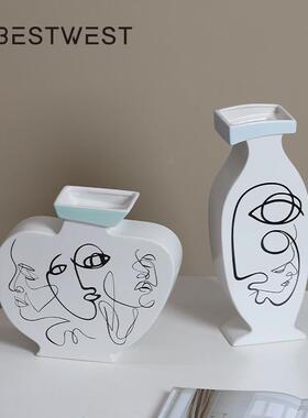 博西家居白色釉面彩绘人脸陶瓷花瓶摆件创意家居玄关客厅花器