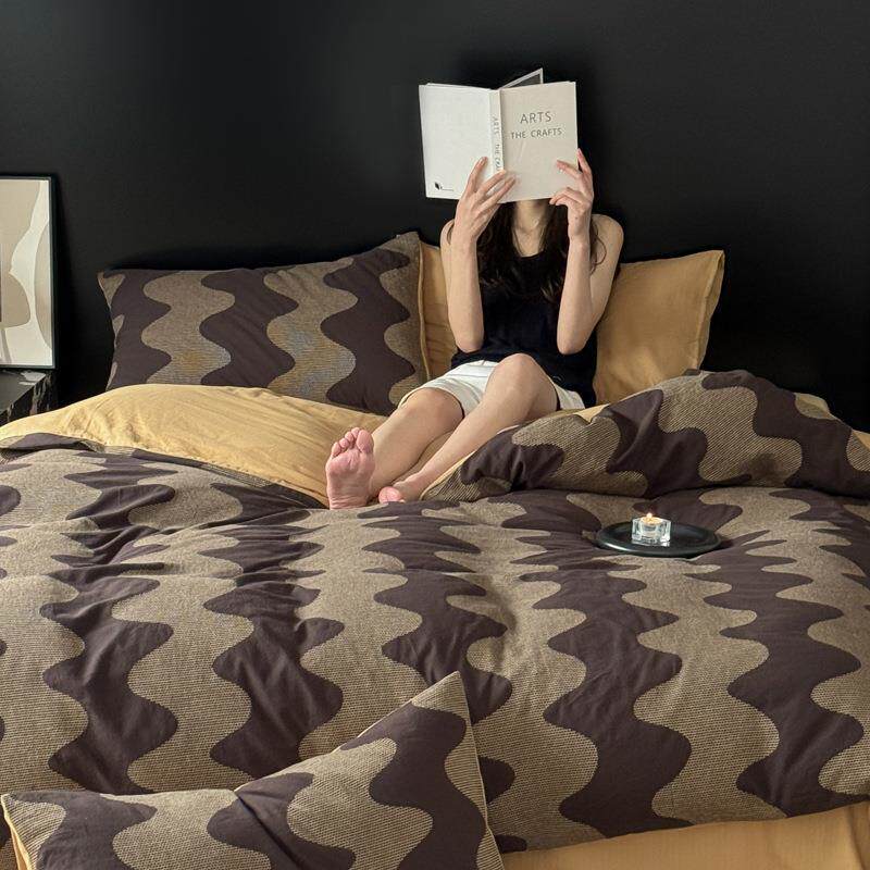 欧式色织水洗棉提花流年咖色床上四件套1.5m1.8米被套床单三件套