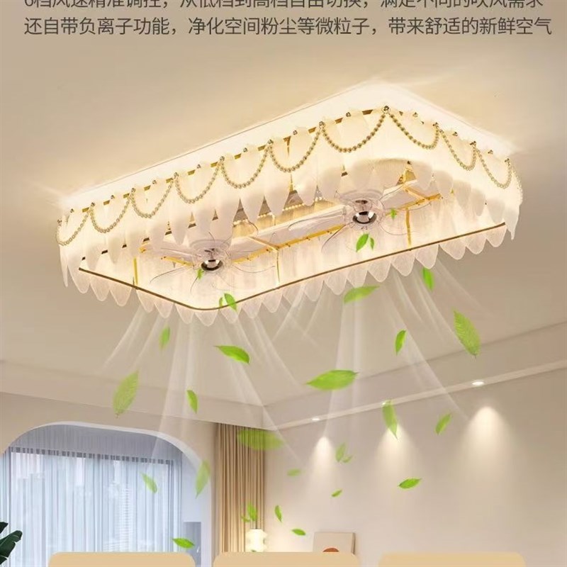 卧室风扇吸顶灯法式羽毛饭厅静音现代客厅摇头吊扇灯一体奶油防风