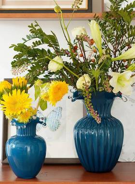 视远蓝色芬顿玻璃花瓶高级感轻奢创意中古风法式客厅插花摆件