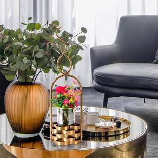 家居装饰摆件提篮花器金属摆件电镀拉丝防锈防潮样板房饰品摆件