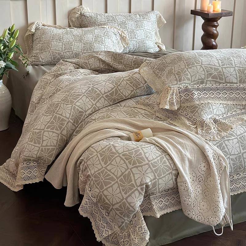 秋冬法式复古风100S全棉磨毛四件套花卉提花蕾丝加厚被套床上用品