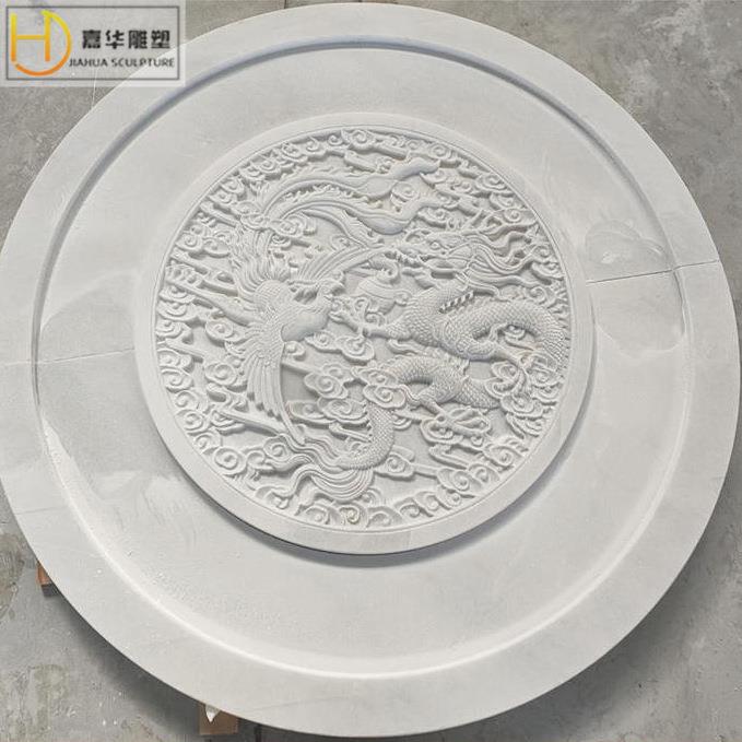 石雕龙凤浮雕汉白玉大理石花开富贵圆形壁画花草石材雕刻制作