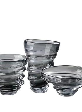 简约灰色手工螺纹玻璃花瓶水果盘桌面现代家居样板间软装花器摆件