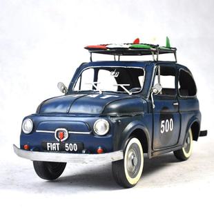 复古蓝色菲亚特车模摆件铁艺军车摆设软装饰品摄影道具铁制