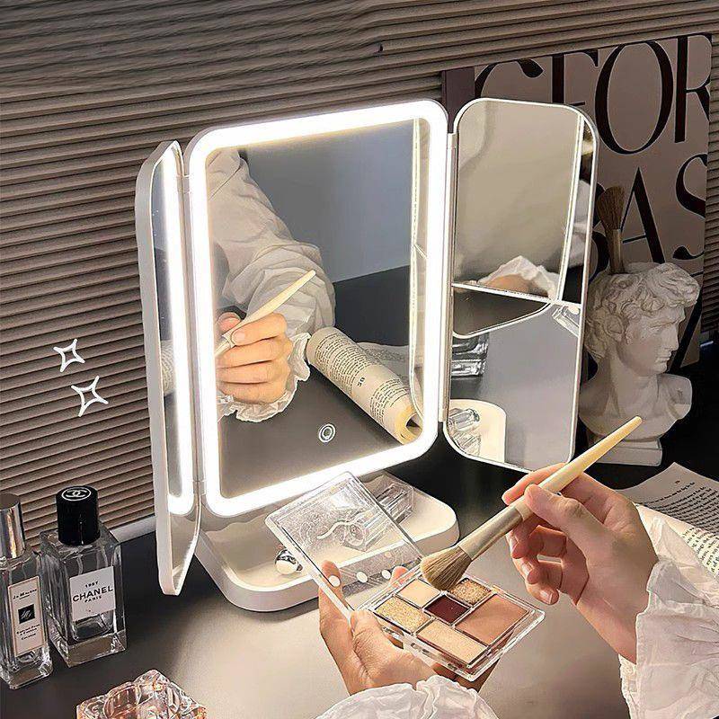 新款led双开门化妆镜带灯三面折叠家用台式女学生补妆美妆贝壳镜