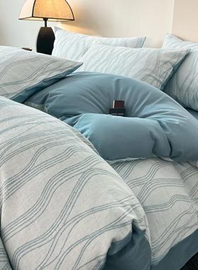 60支纯棉双层纱床上四件套100全棉床品简约曲线蓝色床单3件套床笠