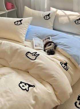 小清新线条小狗四件套全棉纯棉被套床单学生宿舍床上三件套浅蓝色