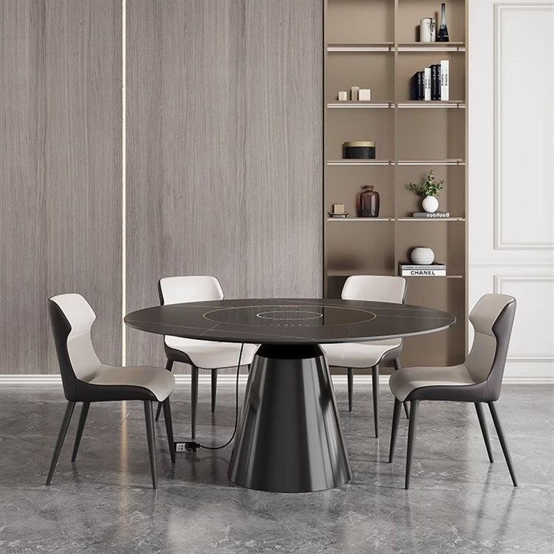 意式岩板餐桌椅组合简约现代小户型电磁炉桌家用T轻奢旋转圆形饭